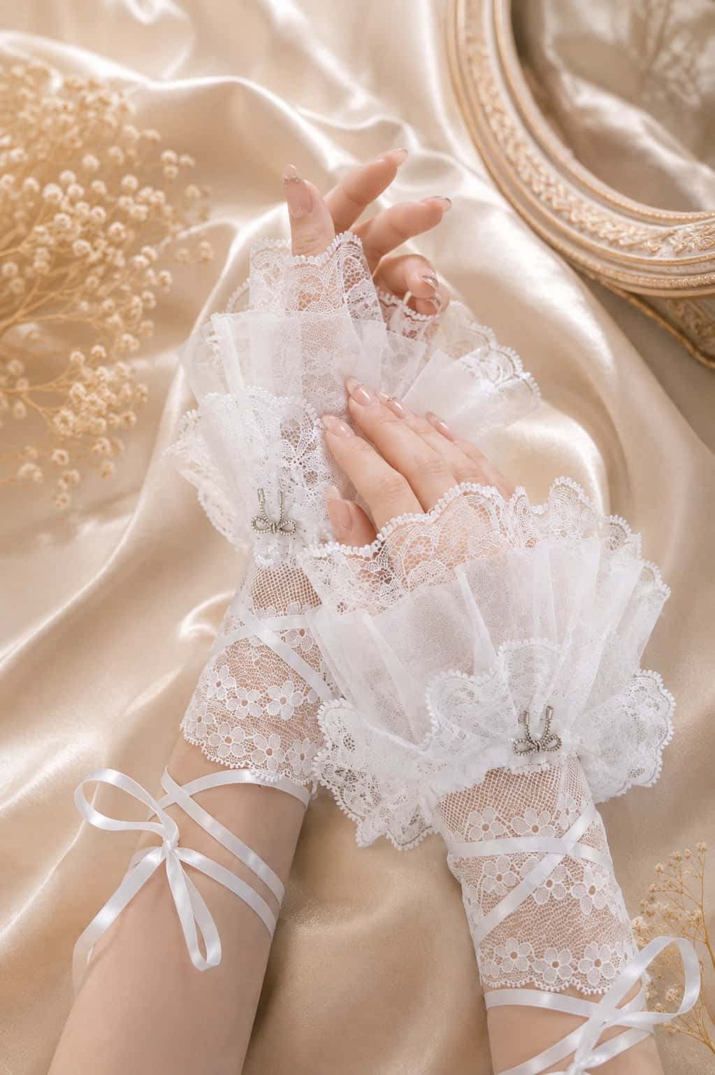 Ivory Lace Ribbon Gloves