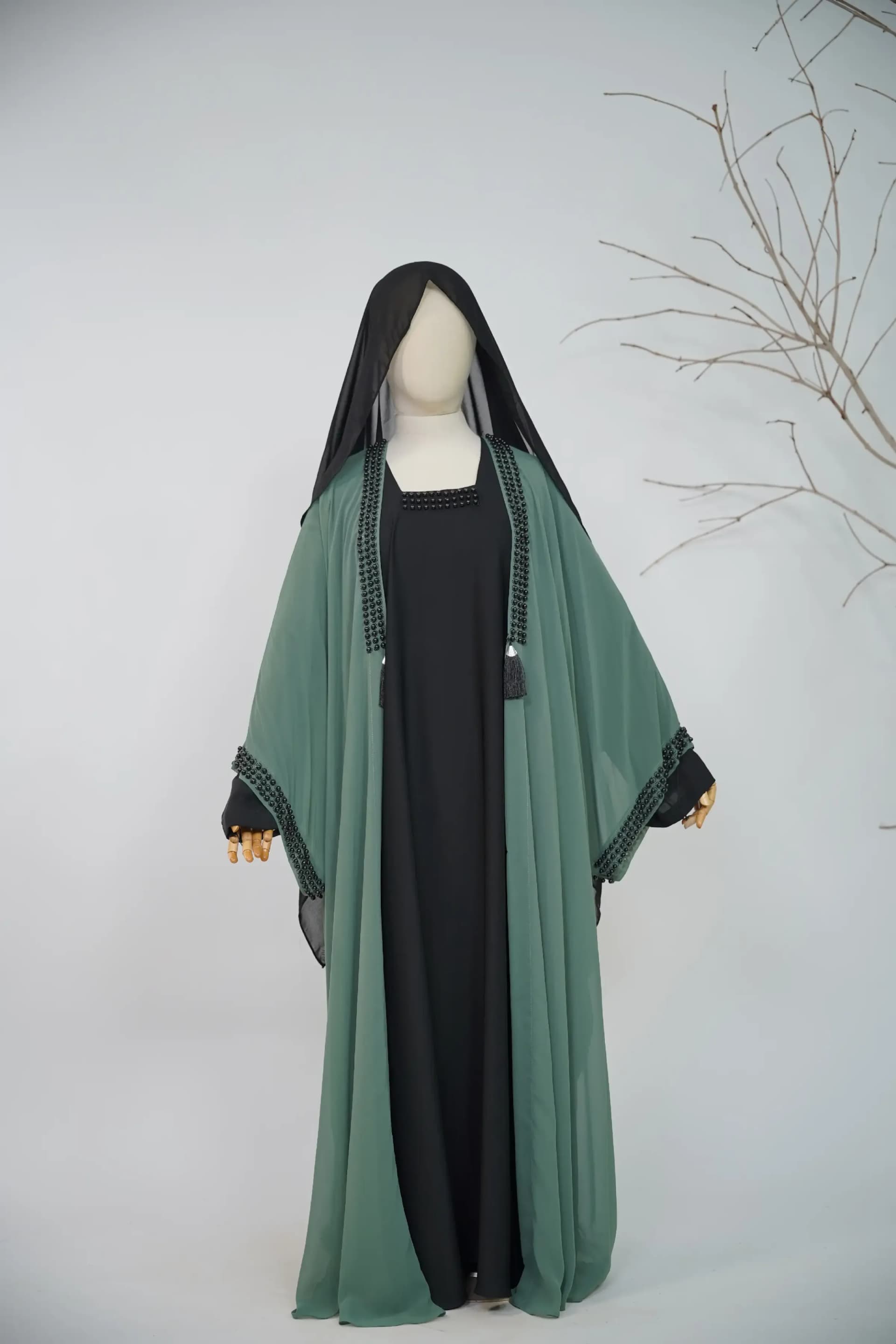 Noir Beaded Abaya Set - Sage Green