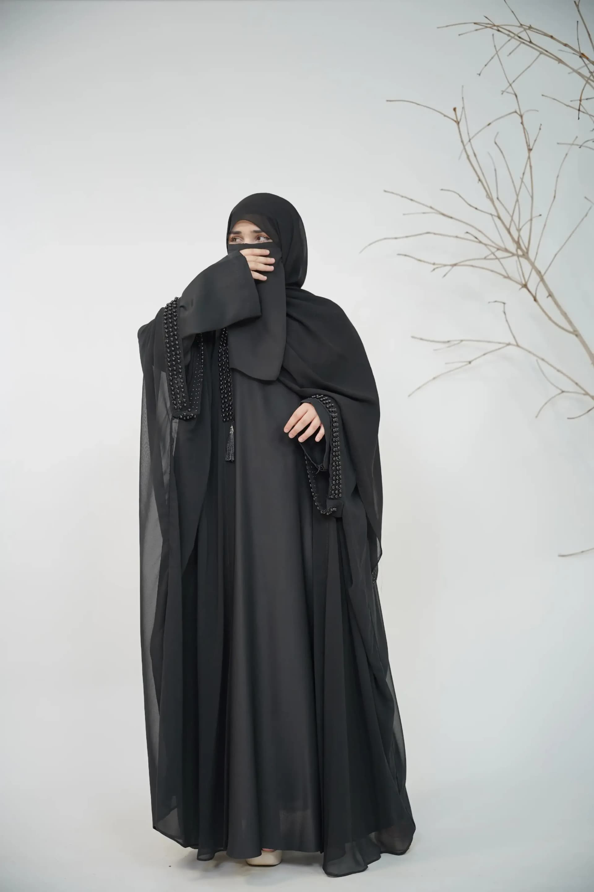 Noir Beaded Abaya Set - Black