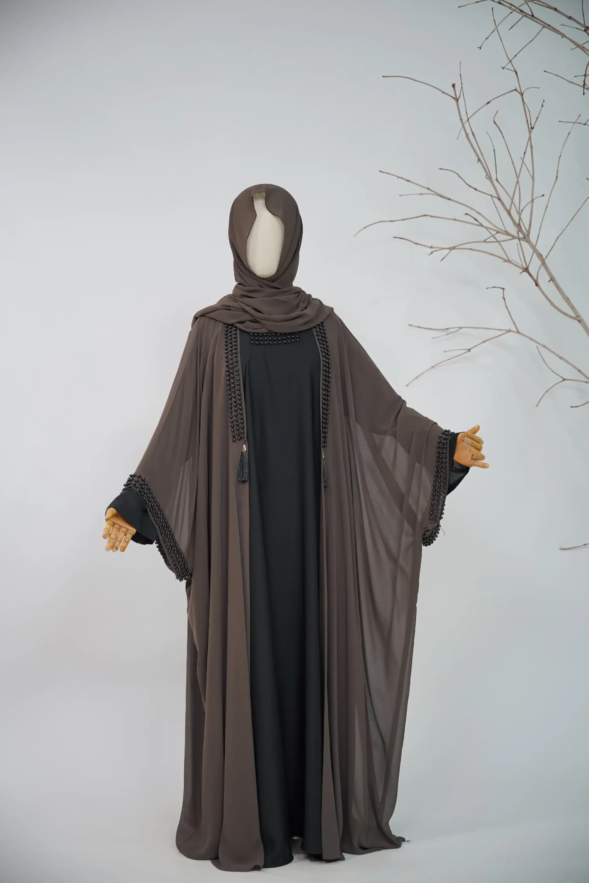 Noir Beaded Abaya Set - Mocha Brown 