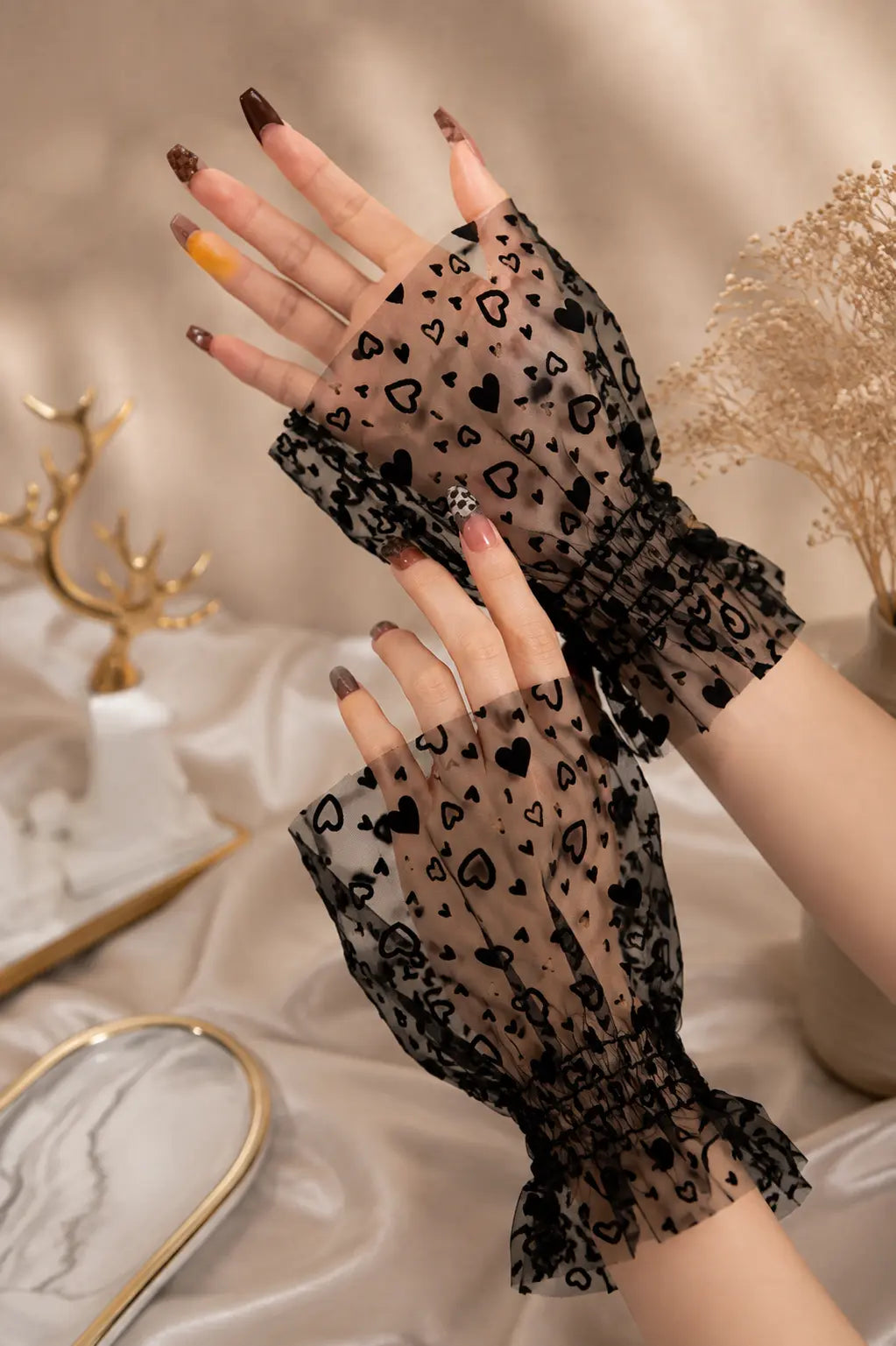 Sheer Heart Print with Ruffled Cuffs