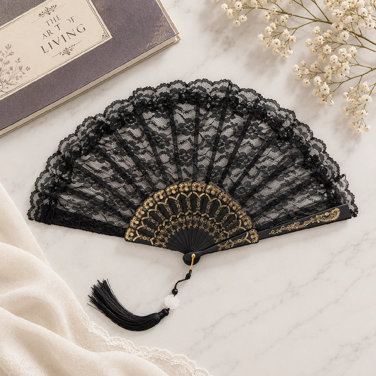 Vintage Lace Folding Fan (Black)