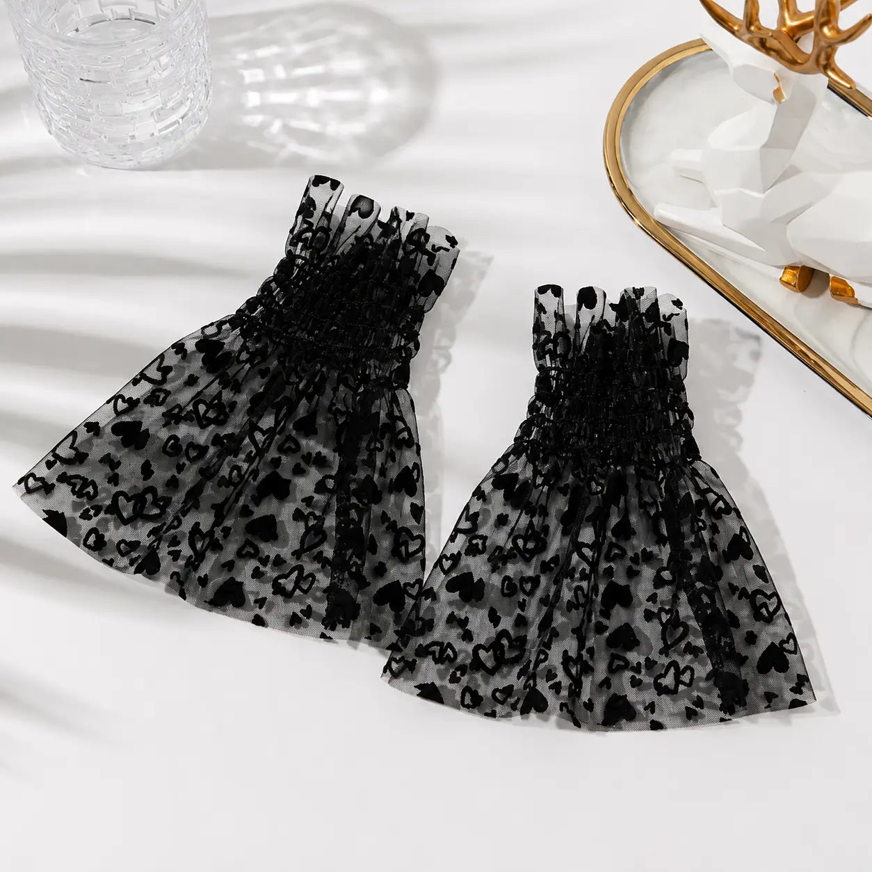Sheer Heart Print with Ruffled Cuffs