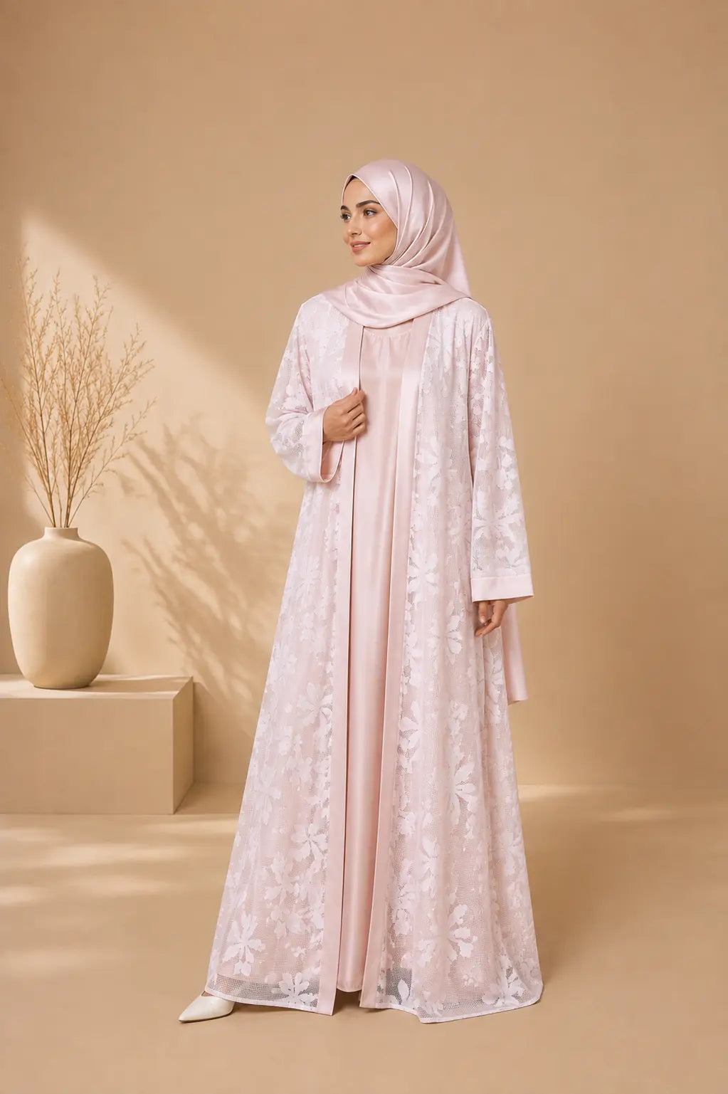 ROSÉ — Embroidered Net Abaya Set