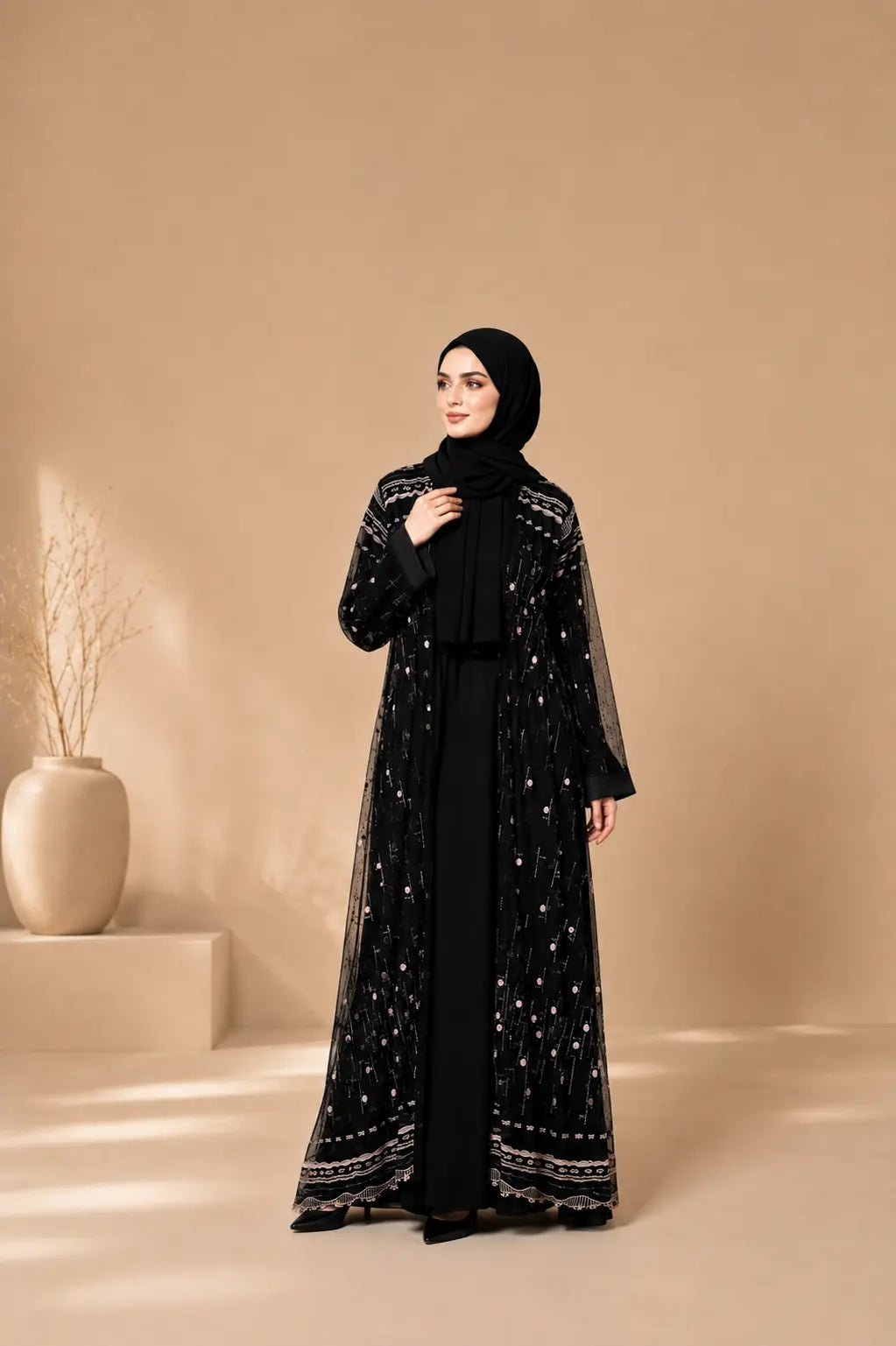 NOIR — Embroidered Net Abaya Set