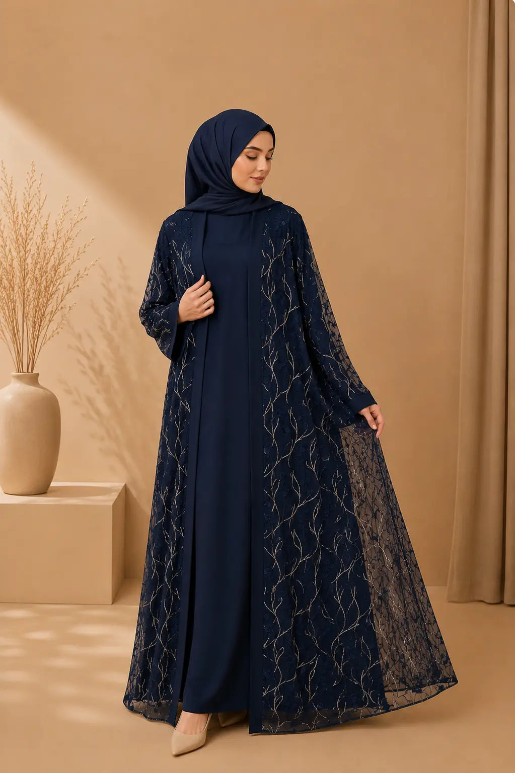 CELESTE — Embroidered Net Abaya Set